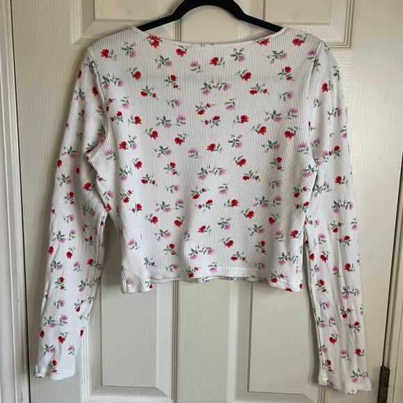 Pink Victoria's Secret Cropped Waffle Knit Thermal Top Sz XL Floral Loungewear - Picture 3 of 10